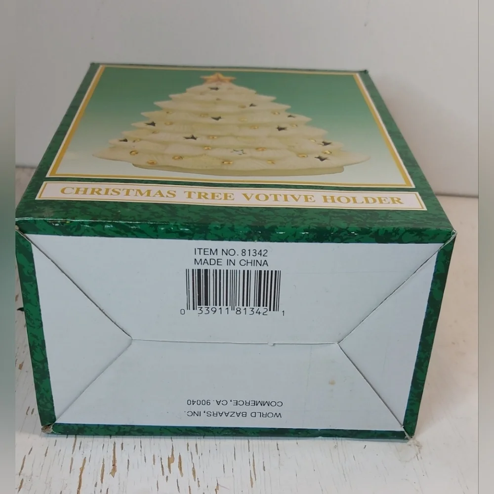 Vintage Matte Ceramic Christmas Tree Votive Holder White w Gold Star Decoration